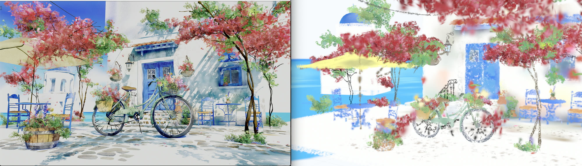 The source scene (left) and the Gaussian painterly version (right)